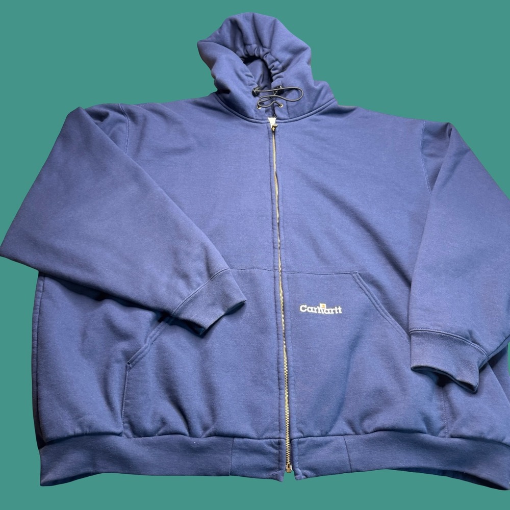 Carhartt Hoodie Mens 4XL Tall Navy Blue Thermal Lined Full Zip Workwear Vintage